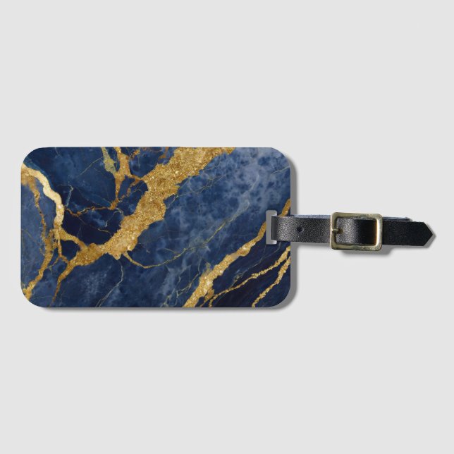 Etiqueta De Bagagem Padrão Marble Azul com Dourado (Frente Horizontal)