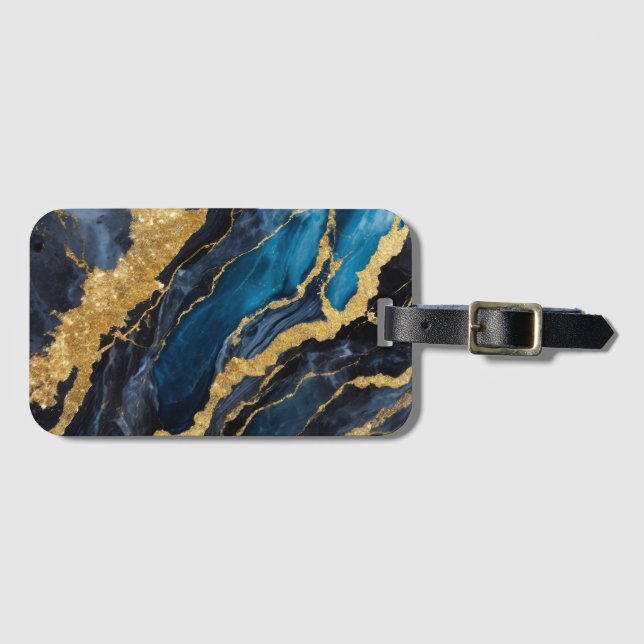 Etiqueta De Bagagem Padrão Marble Azul com Dourado (Frente Horizontal)