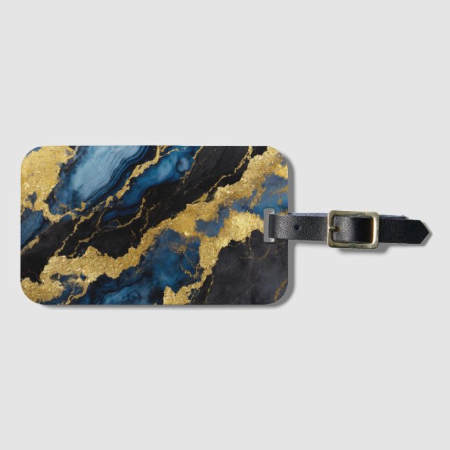 Etiqueta De Bagagem Padrão Marble Azul com Dourado (Frente Horizontal)