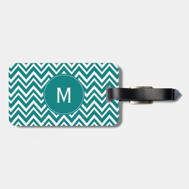 Etiqueta De Bagagem Padrão Monograma de Teal e Chevron Branco (Traseira Horizontal)