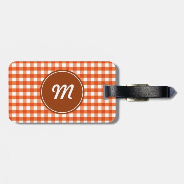 Etiqueta De Bagagem Padrão Monograma Laranja e Gingham Branco (Traseira Horizontal)