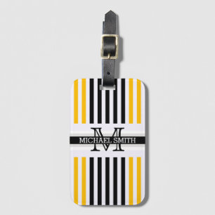 Etiqueta De Bagagem Padrão Monograma Modern Black Amber Stripes
