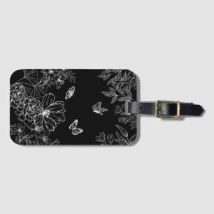 Etiqueta De Bagagem Padrão natural floral preto e branco minimalista