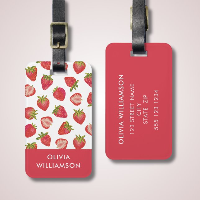 Etiqueta De Bagagem Padrão Personalizado de Morango (Red strawberry luggage tag. Customize with your own name and contact details.)