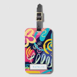 Etiqueta De Bagagem Padrão Retroativo Bright Funky 1980s com Nome