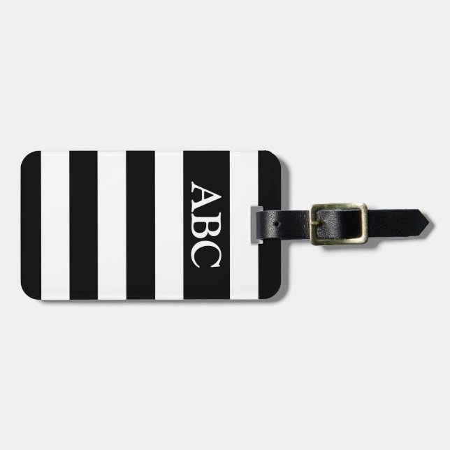Etiqueta De Bagagem Padrão Striped preto e branco com monograma (Frente Horizontal)