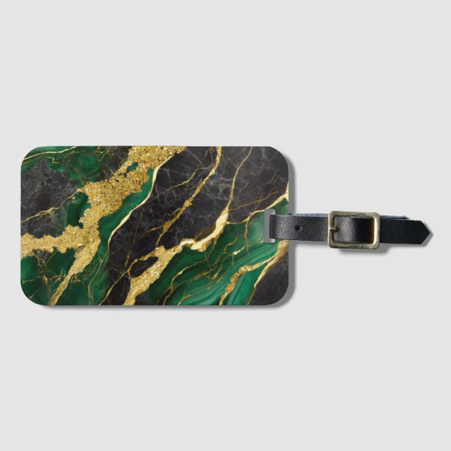 Etiqueta De Bagagem Padrão Verde Marble com Dourado (Frente Horizontal)