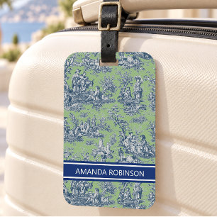 Etiqueta De Bagagem Padrão Vintage Verde Azul Toile de Jouy Francês