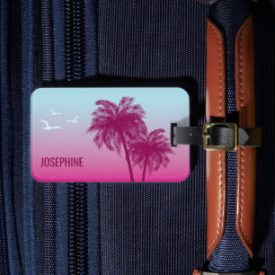 Etiqueta De Bagagem Palmeiras Rosa Verão Tropical E Nome Personalizado