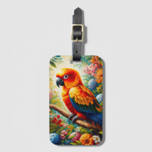 Etiqueta De Bagagem Papagaio Sun Conure com Flores Coloridas