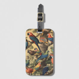 Etiqueta De Bagagem Papagaios coloridos de cena botânica em árvore
