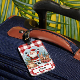 Etiqueta De Bagagem Papai Noel Férias Xadrez Vermelho Natal ID