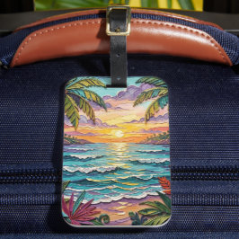 Etiqueta De Bagagem Paraíso Tropical | Cena de Praia Costeira Impasto