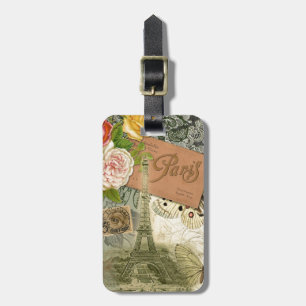 Etiqueta De Bagagem Paris França Colagem de Arte Antiga Torre Eiffel F