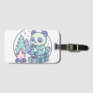Etiqueta De Bagagem Pastel Bonito Panda pela fogueira com presentes