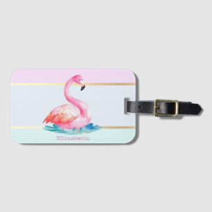 Etiqueta De Bagagem Pastel Moderno Listrado,Flamingos Rosa