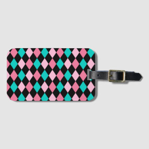 Etiqueta De Bagagem Pastel Rainbow Losangos Preto Rosa Azul Arlequim