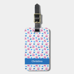 Etiqueta De Bagagem Patas de Gato Corações Woof Personalizar Rosa Azul