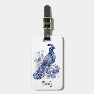 Etiqueta De Bagagem Pavão em estilo Delft azul e branco com flores