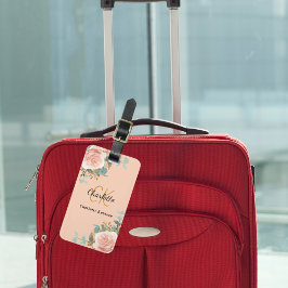 Etiqueta De Bagagem Peach rosa gold florals monograma elegante