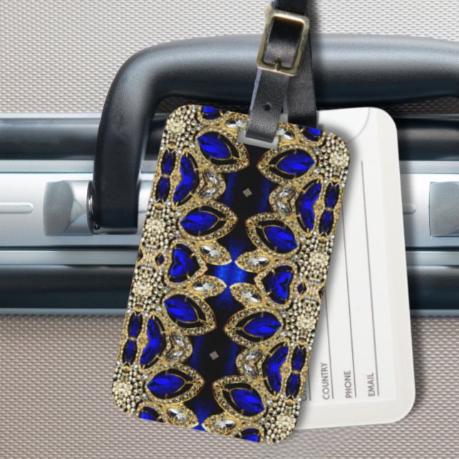 Etiqueta De Bagagem pedra azul e diamante dourado (fashion stylish girly turquoise navy Blue gold Luggage Tag)