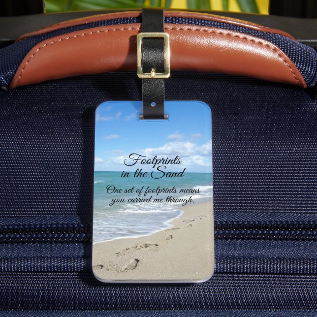 Etiqueta De Bagagem Pegadas no cristão inspirador de areia (Frente Insitu 2)