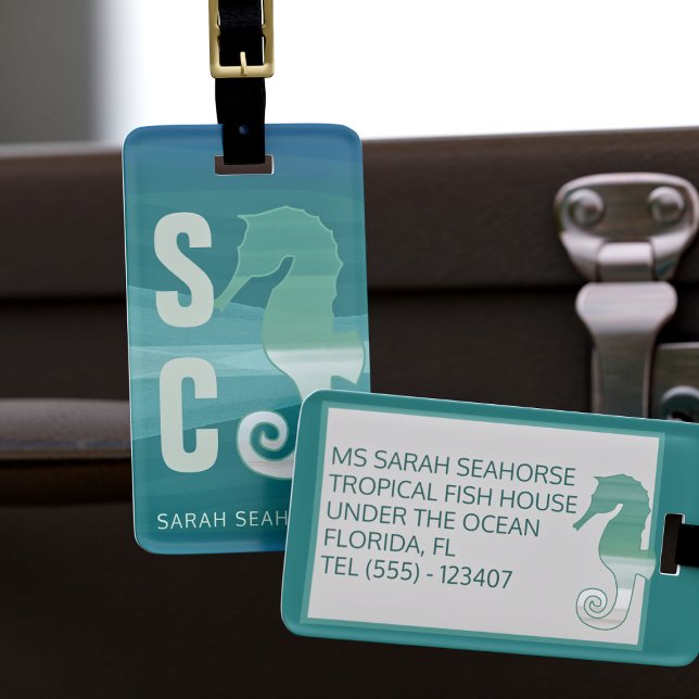 Etiqueta De Bagagem Peixe Tropical Monograma Bagagem Teal (Off on an ocean getaway? Take this seahorse luggage tag with you. Just add your initials)