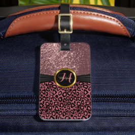 Etiqueta De Bagagem Pele-Leopardo-Rosa Dusty e relva - Monograma