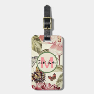 Etiqueta De Bagagem Peony e borboletas com Monograma dentro de um Círc