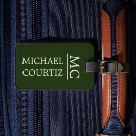 Etiqueta De Bagagem Personalização simples monograma verde elegante
