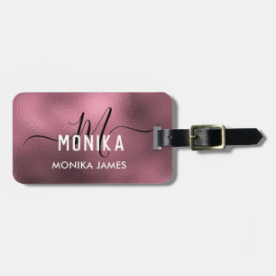 Etiqueta De Bagagem Personalizado de Monograma de Folha Rosa Ouro Eleg