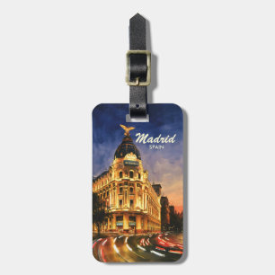 Etiqueta De Bagagem Personalizado Madrid Espanha Noite Paisagem Urbana