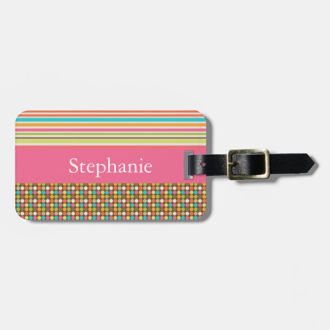 Etiqueta de bagagem personalizável rosa e Bolinhas (Frente Horizontal)