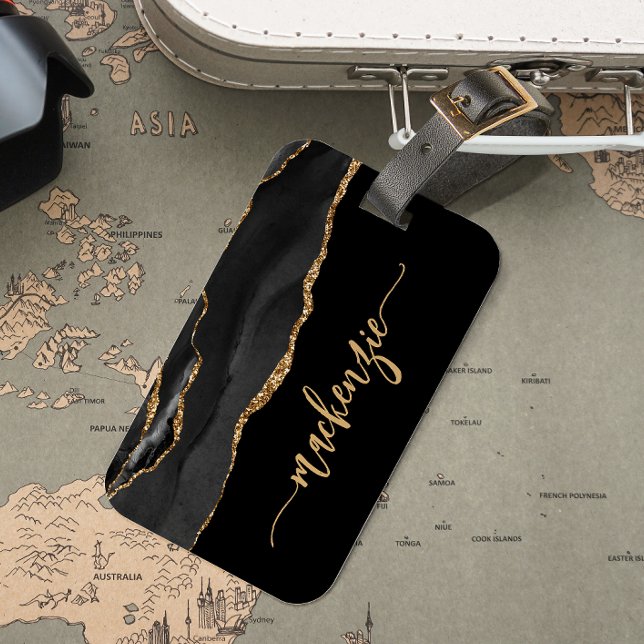 Etiqueta De Bagagem Personalized Black Gold Agate Signature (Criador carregado)