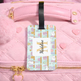 Etiqueta De Bagagem Personalized Cats Library Book Girl Mint Green