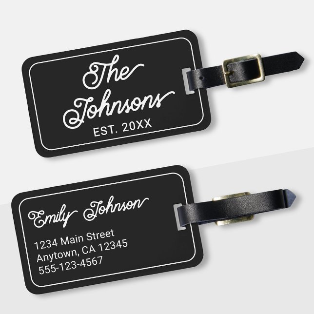 Etiqueta De Bagagem Personalized Family Name in Elegant Script Black (Criador carregado)