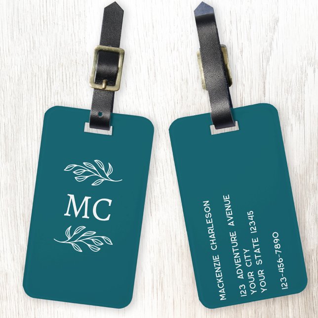 Etiqueta De Bagagem Personalized Monogram Initials Botanical Leaf (Personalized monogram initial botanical leaf art minimalist teal green luggage tag
)