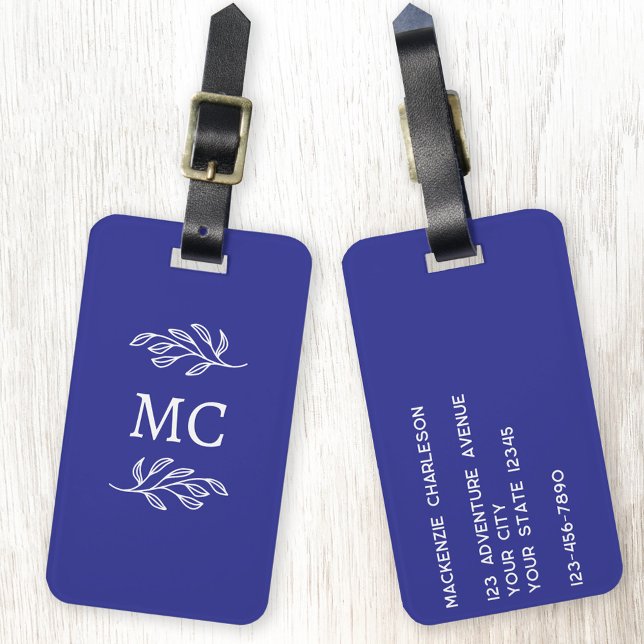 Etiqueta De Bagagem Personalized Monogram Initials Botanical Leaf (Personalized monogram initial botanical leaf art minimalist cobalt blue luggage tag)