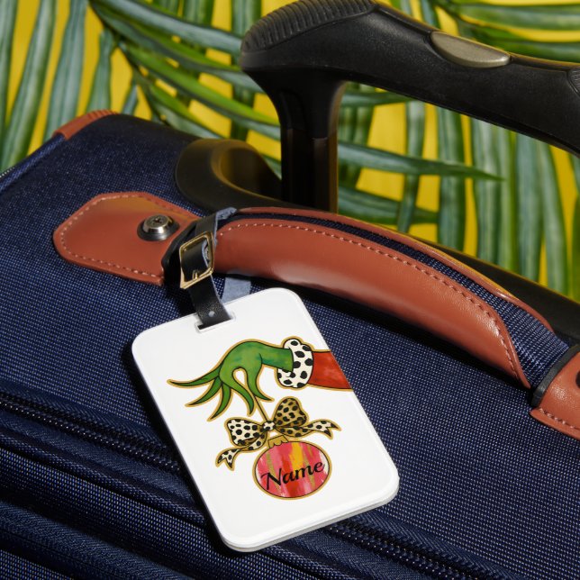 Etiqueta De Bagagem personalized Name Leopard Bow Parrot Ornament (Frente Insitu 1)
