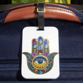 Etiqueta De Bagagem Pétalas Coloridas Folhas Hamsa Safira Terceiro Olh