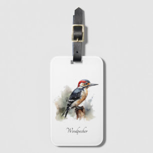 Etiqueta De Bagagem pica-pau sentado num vaso com aquarela