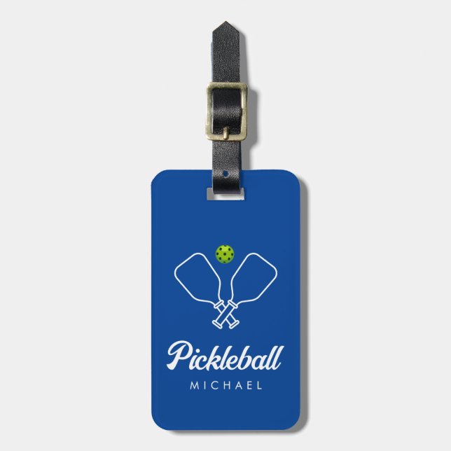 Etiqueta De Bagagem Pickleball com Paddles e Ball - Azul Personalizado (Frente Vertical)
