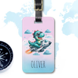 Etiqueta De Bagagem Piloto de Dino Trex Fofo Voando Aeronave a Jato