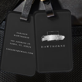 Etiqueta De Bagagem Pincel Chic Traço preto Faux Silver Monograma