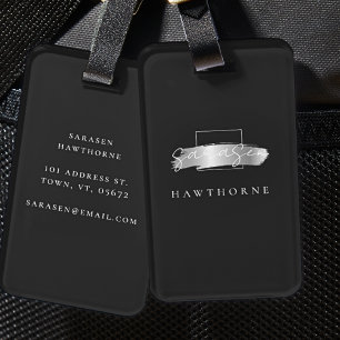 Etiqueta De Bagagem Pincel Chic Traço preto Faux Silver Monograma