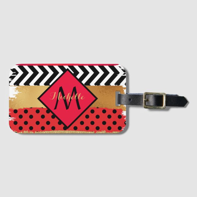 Etiqueta De Bagagem Pincel Dourado Vermelho Preto Escovo Monograma (Frente Horizontal)