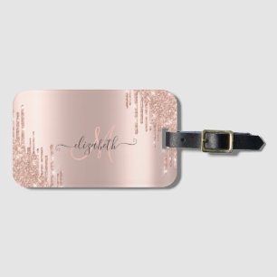Etiqueta De Bagagem Pingo Brilhante Moderno Monograma Dourado Rosa