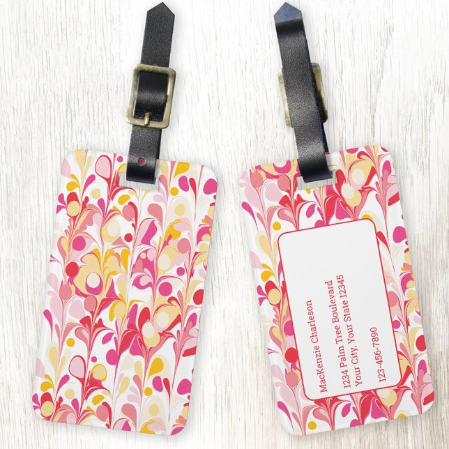 Etiqueta De Bagagem Pink do padrão abstrato (Pink, peach and red marble abstract personalized luggage tag)