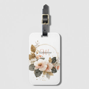 Etiqueta De Bagagem Pink Elegante e Dourada Frota Floral, Nome Persona