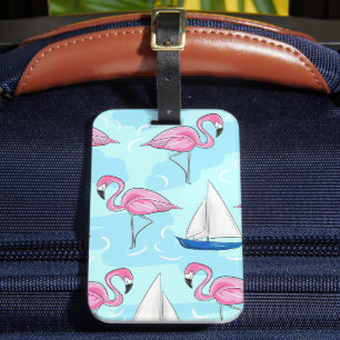 Etiqueta De Bagagem Pink Flamingo Blue Sailboat Preppy